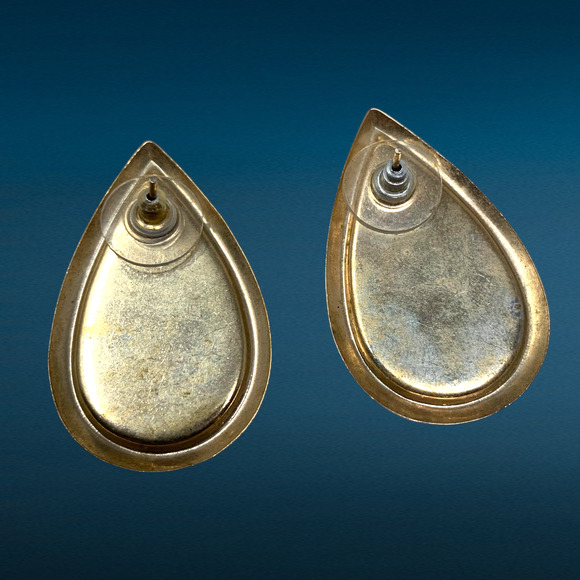 Vintage 1980s Gold Tone Abalone Teardrop Pierced Earrings Modernist Oversized - Picture 2 of 5
